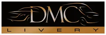 A black and gold logo for a company called dmc