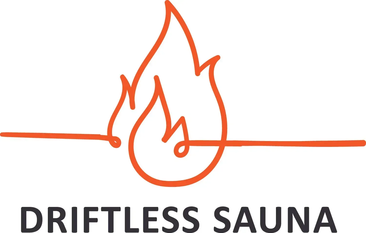 A logo for a driftless sauna with a flame and the words driftless sauna.