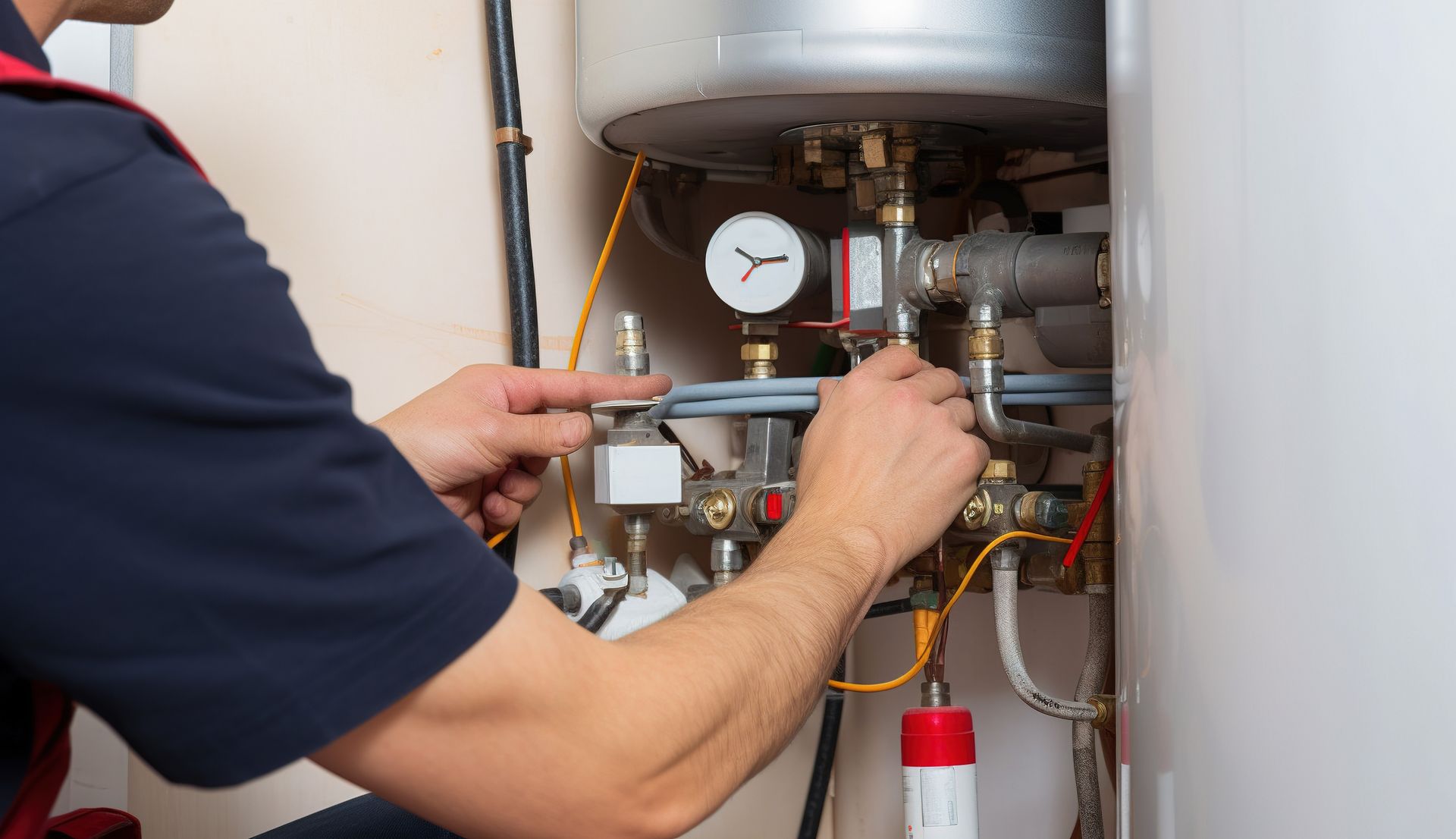 Technician working on a water heater, adjusting pipes and connections near pressure gauges. Technician working on a water heater, adjusting pipes and connections near pressure gauges.