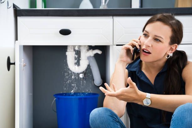 Woman calls plumber for leaking kitchen sink pipe dripping water into bucket under cabinet.