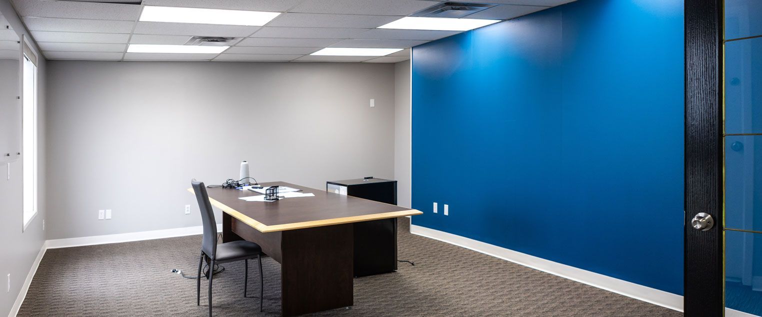 Freshly painted vibrant blue conference room
