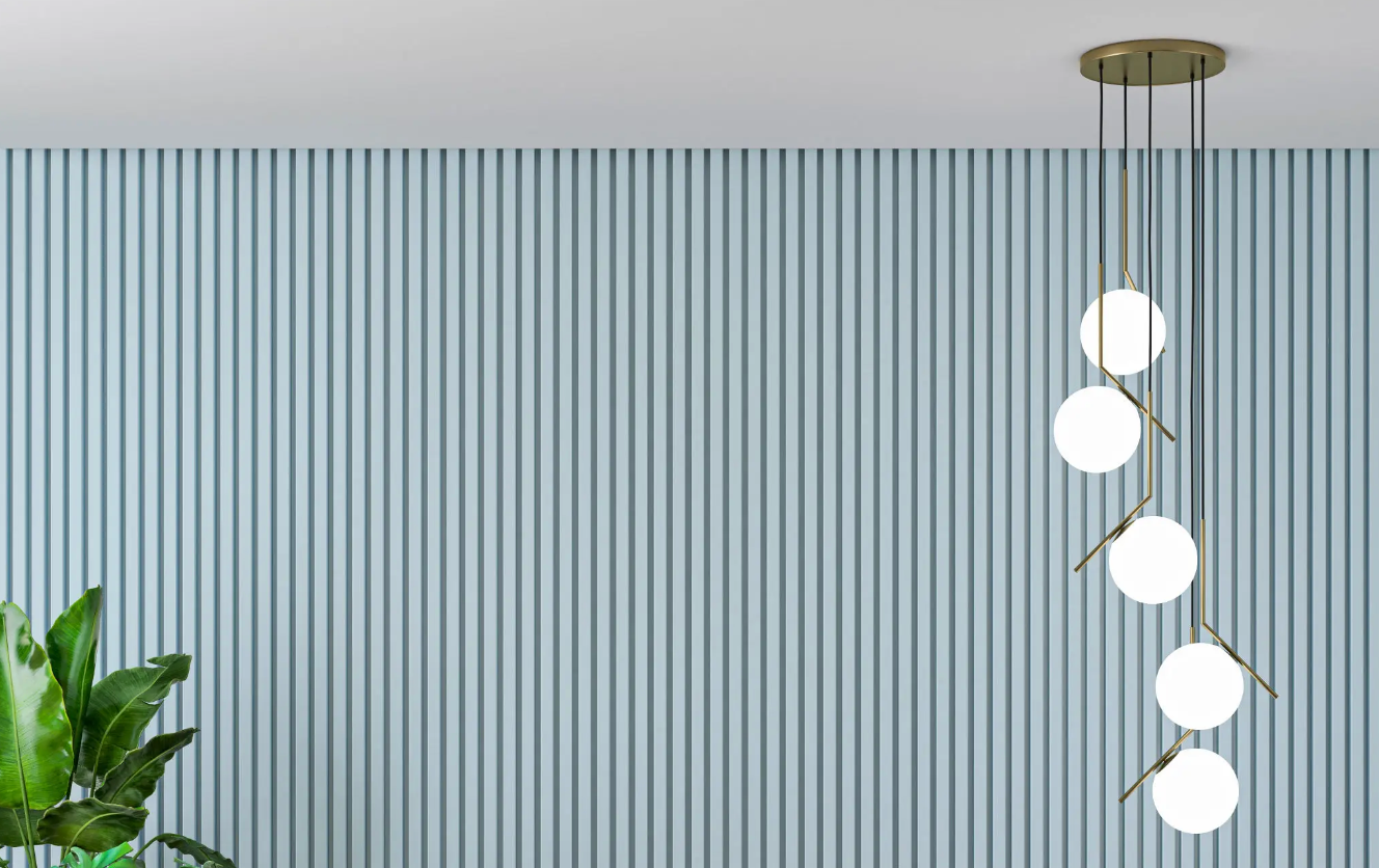 Elegant light blue wall covering with vertical painted beams cascading down the wall in parallel.