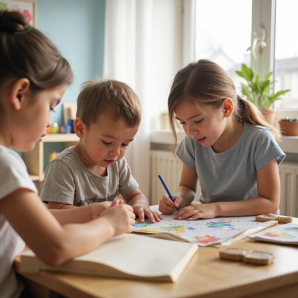 Three children coloring together at a wooden table near a window with plants, indoors.