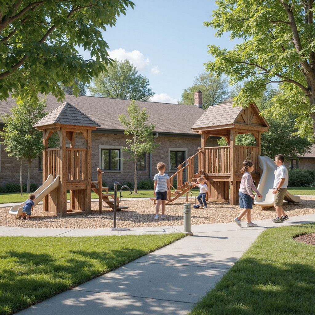 Children playing on a wooden playground near a brick building on a sunny day.