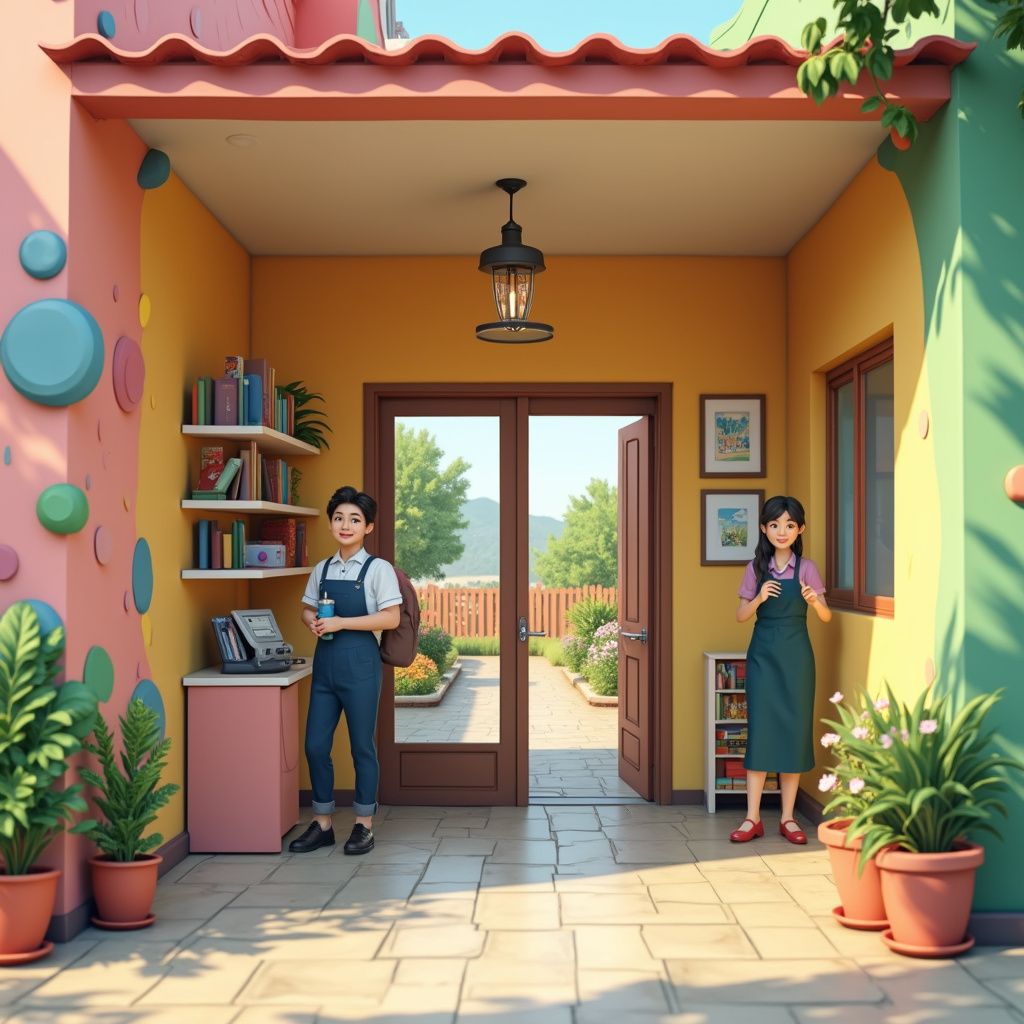 Two children stand in a colorful doorway, facing a garden. Sunny scene, books on shelves, plants.