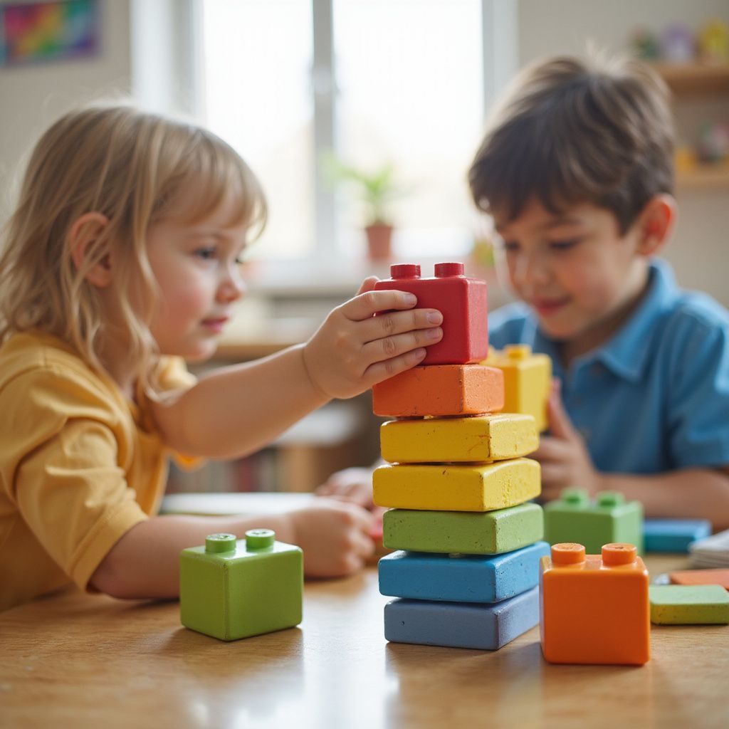 Two children building a colorful tower of wooden blocks at a table indoors.