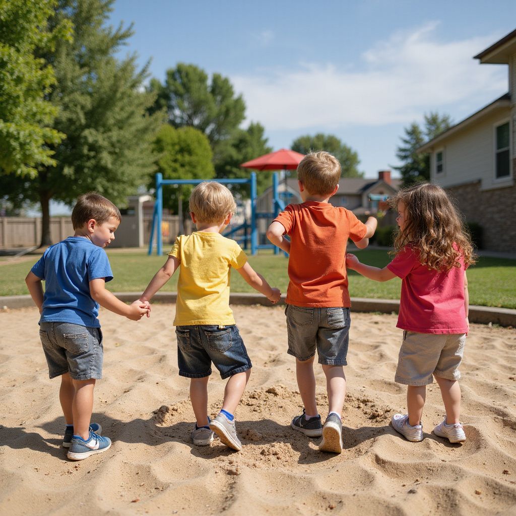Four young children holding hands in a sandbox, walking toward a playground.