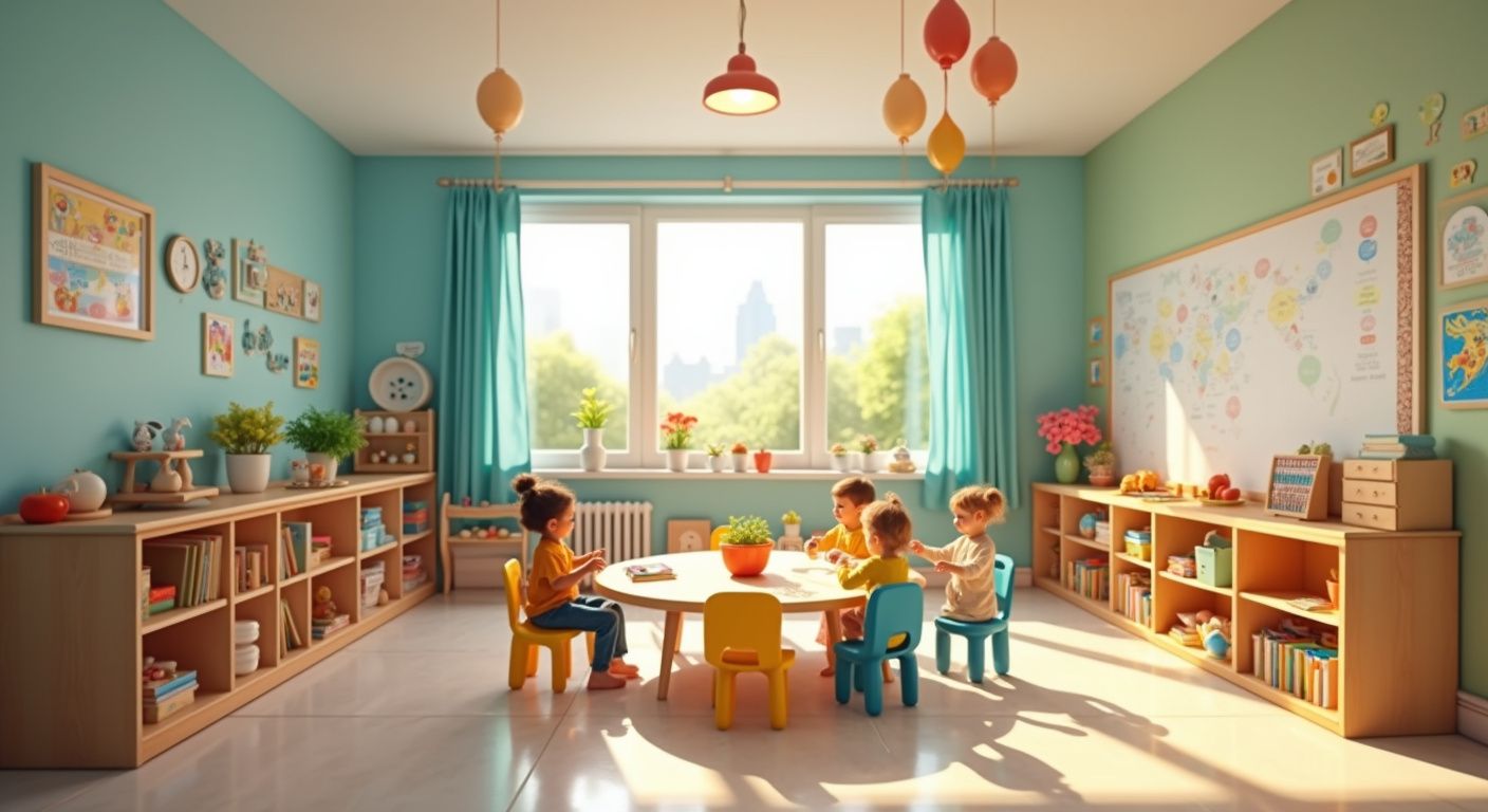 Children in a classroom sit around a table, reading, with shelves and a large window with a city view.