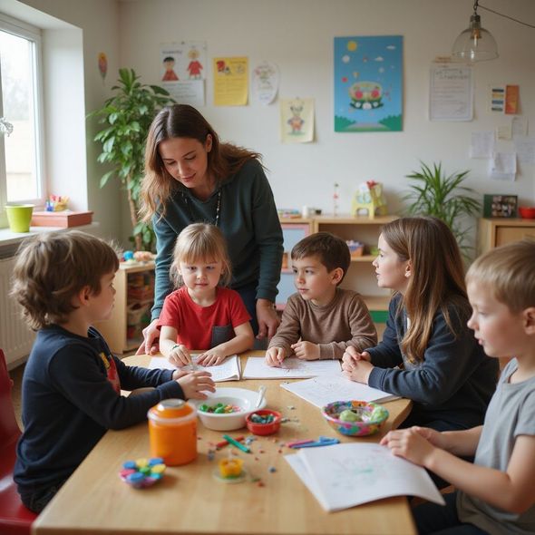 A teacher assists a group of children at a table; they are drawing in a brightly lit classroom.