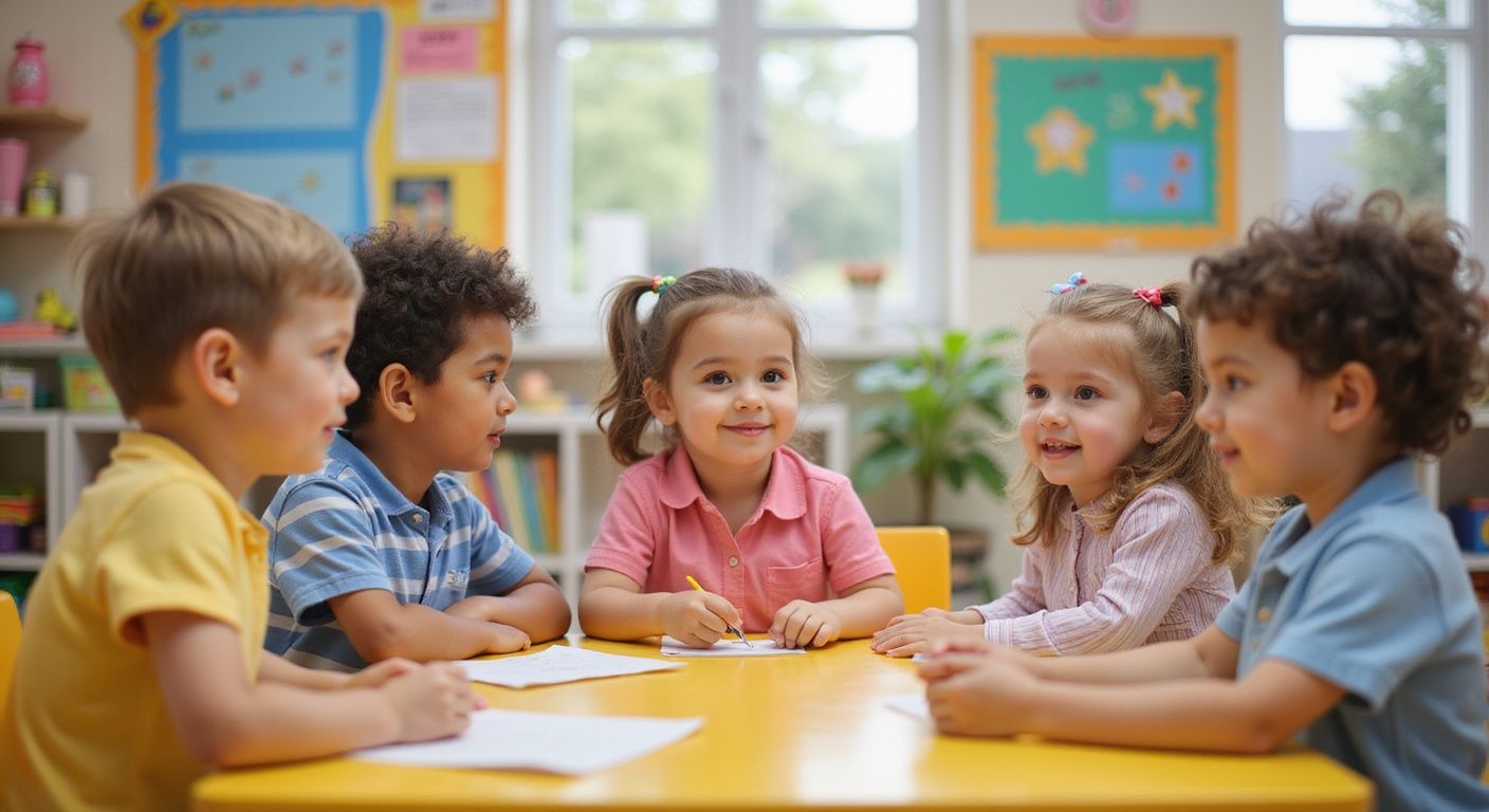 Five diverse children seated at a yellow table, smiling and interacting in a classroom.