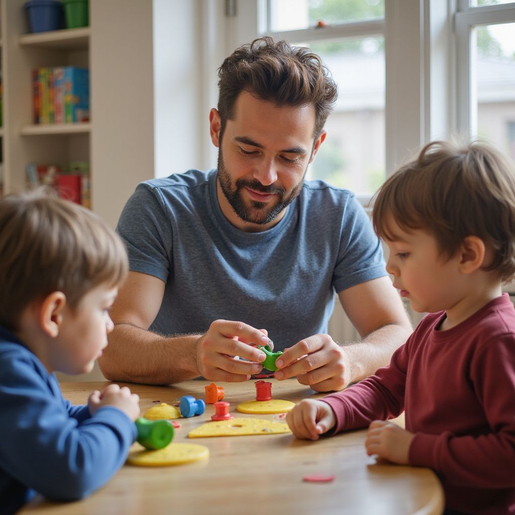 Father and two young children playing a color matching game at a table indoors.