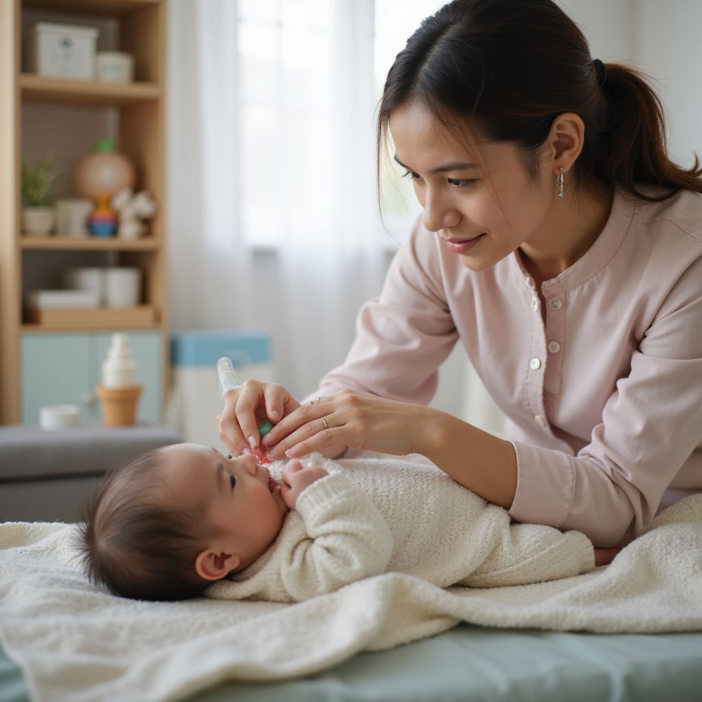 Woman using nasal aspirator on a baby in a nursery.