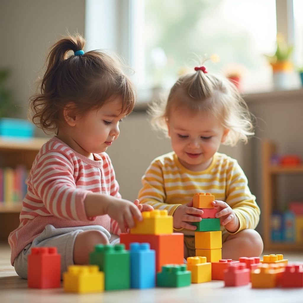 Two toddlers playing with colorful building blocks indoors.