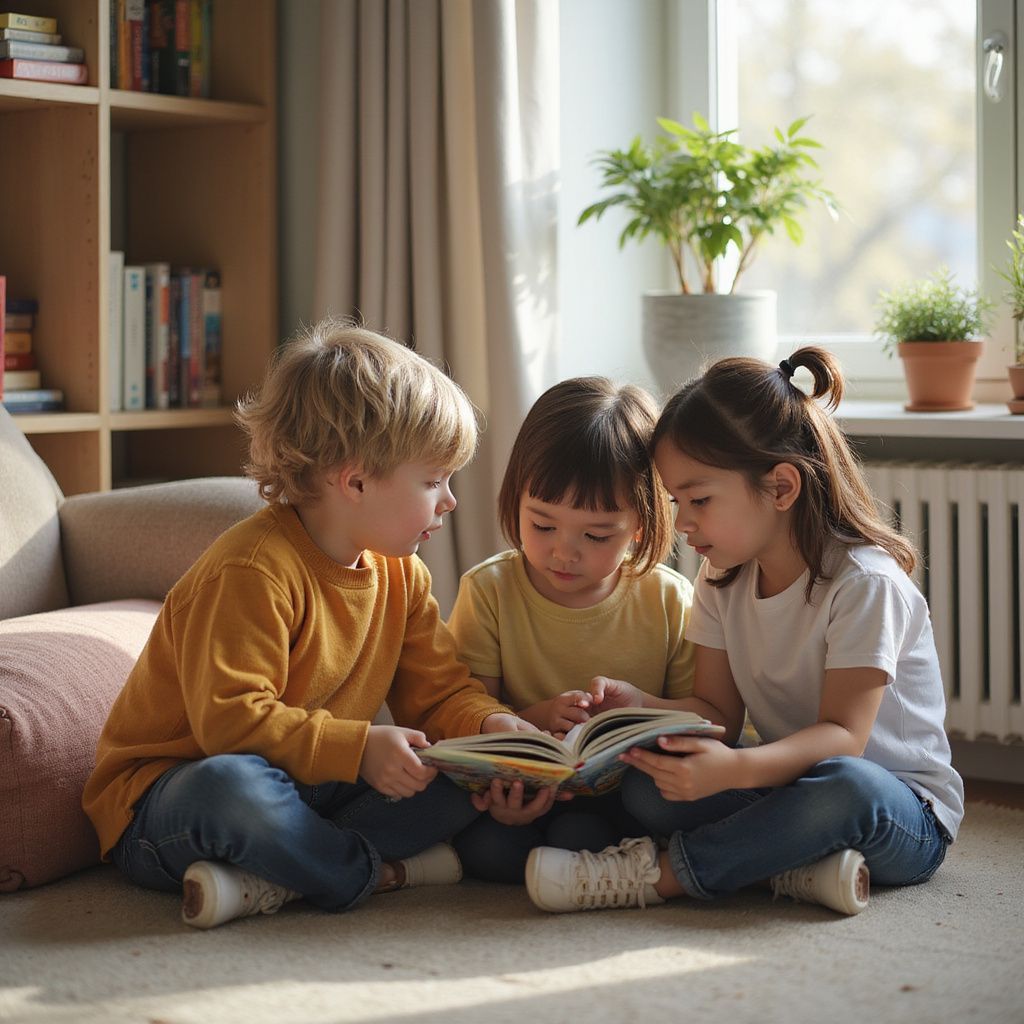 Three children sit on a rug, reading a book together in a sunny room.