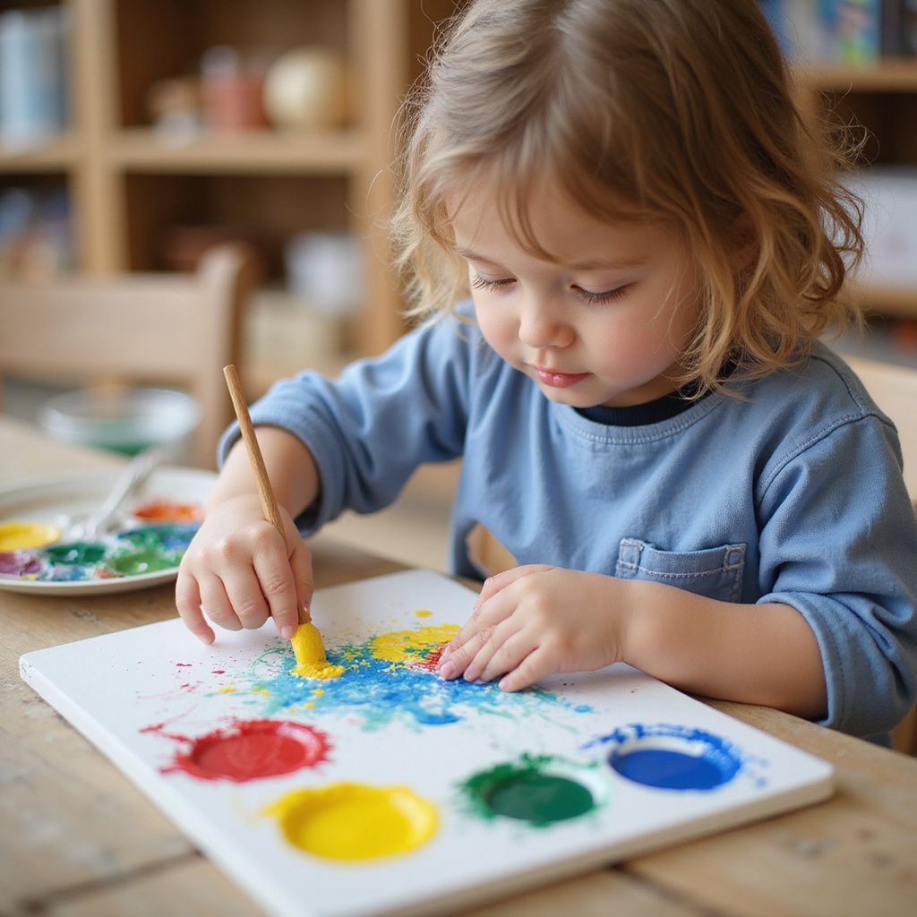 Young child with blonde hair painting with watercolors at a table.