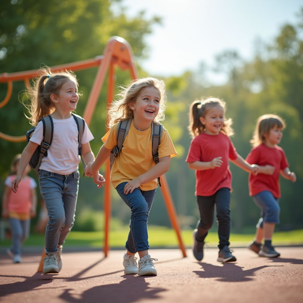 Four children with backpacks run and laugh on a playground, two holding hands.