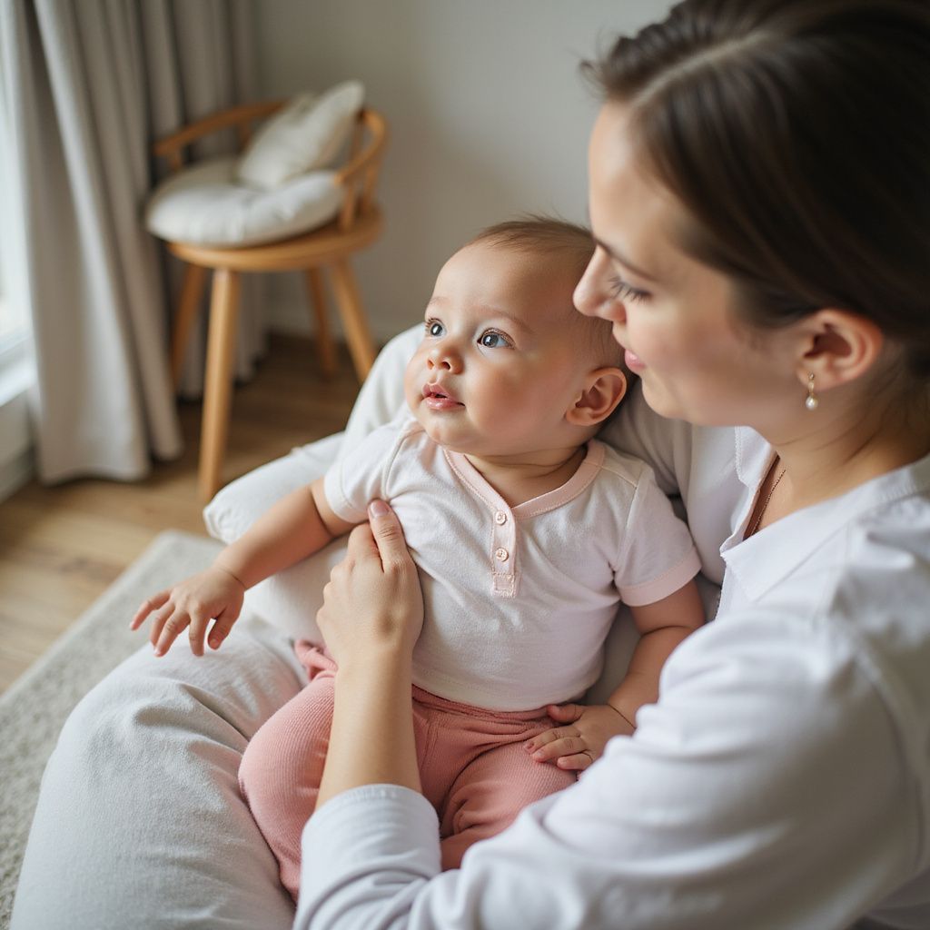 Woman holding a baby in a white room, both looking upwards.