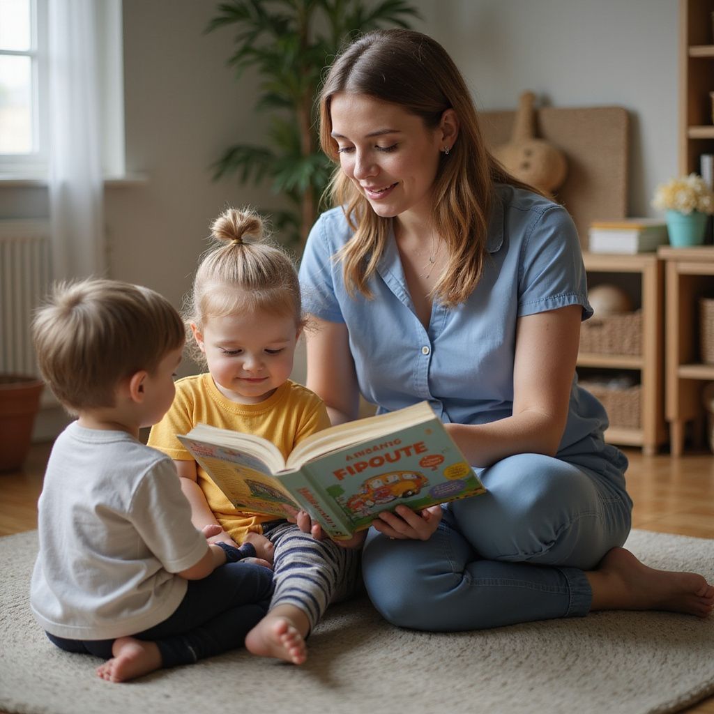 Woman reading aloud to two young children, all seated on a rug.
