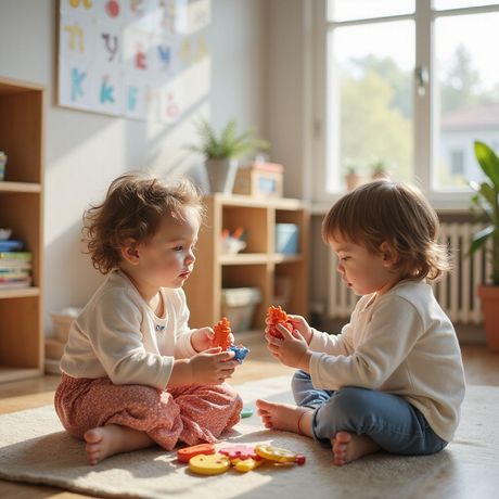 Two toddlers sit on a rug, playing with colorful toys in a well-lit room.