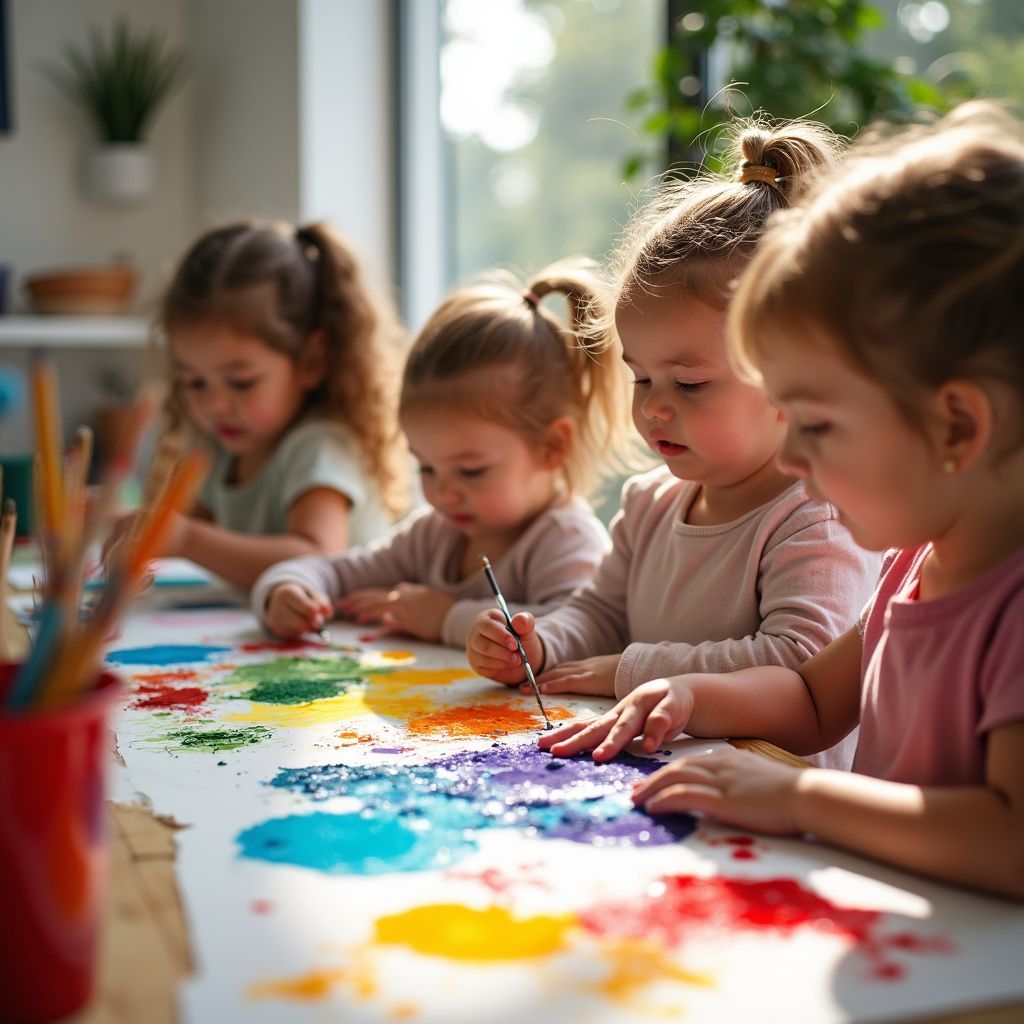 Four young children painting together on a large, colorful surface in a bright room.