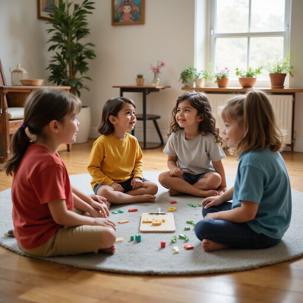 Four children sitting on a rug, playing a board game indoors, smiling and laughing.