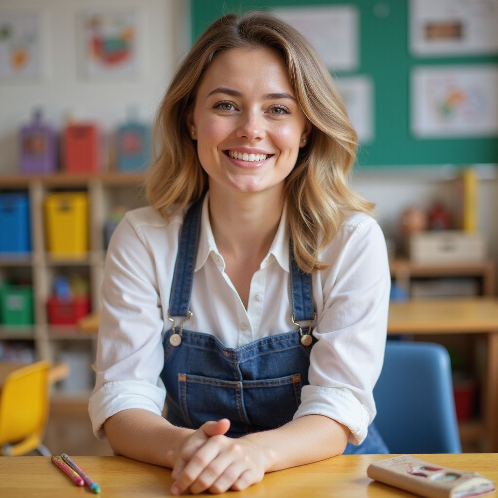 Woman in a white shirt and denim apron smiles at a desk in a colorful classroom.