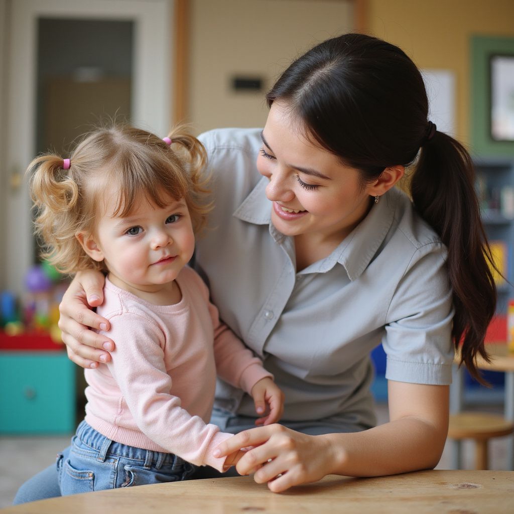 Woman with brown ponytail smiles, hugging a toddler with blonde pigtails in a classroom.