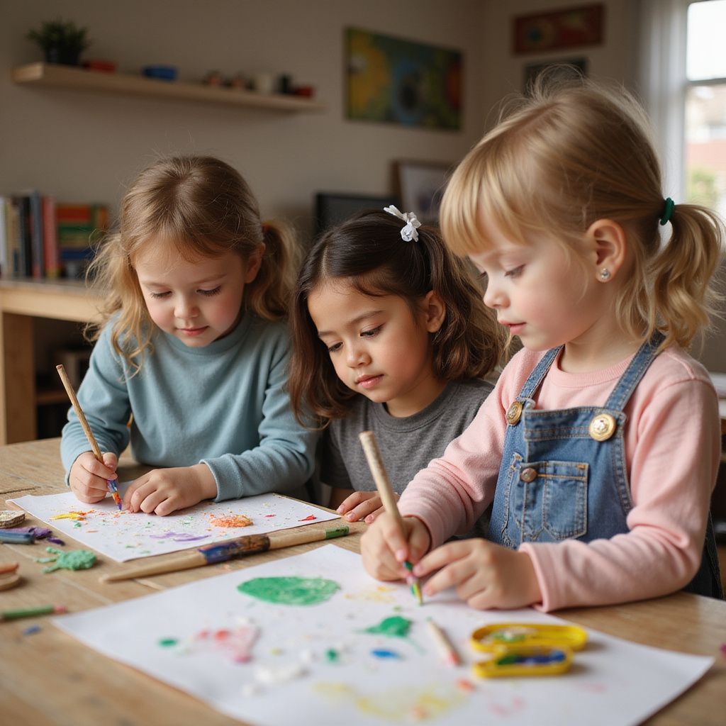 Three young girls drawing at a table, focused expressions.