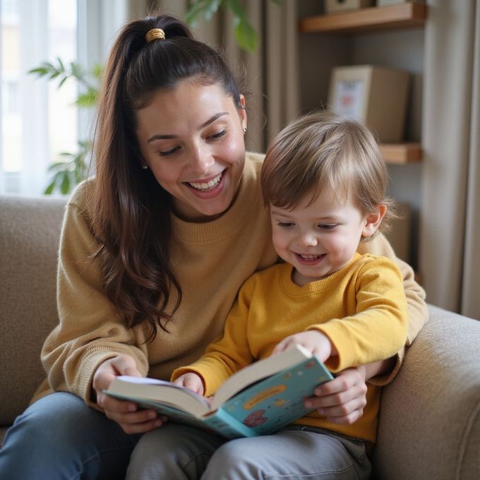 Woman and child reading a book together on a sofa, both smiling.