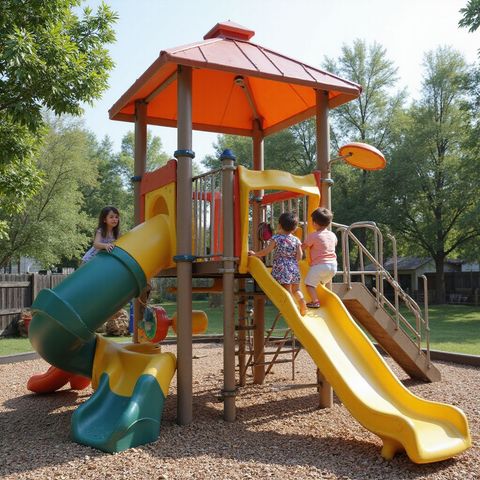 Children playing on a colorful playground with a slide, tube slide, and stairs; outdoors.