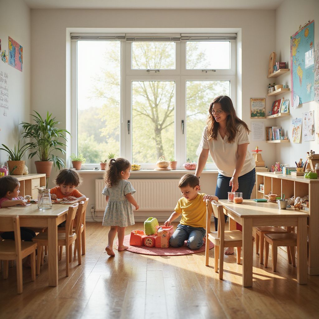 A teacher assists children at small tables and on the floor in a bright classroom.