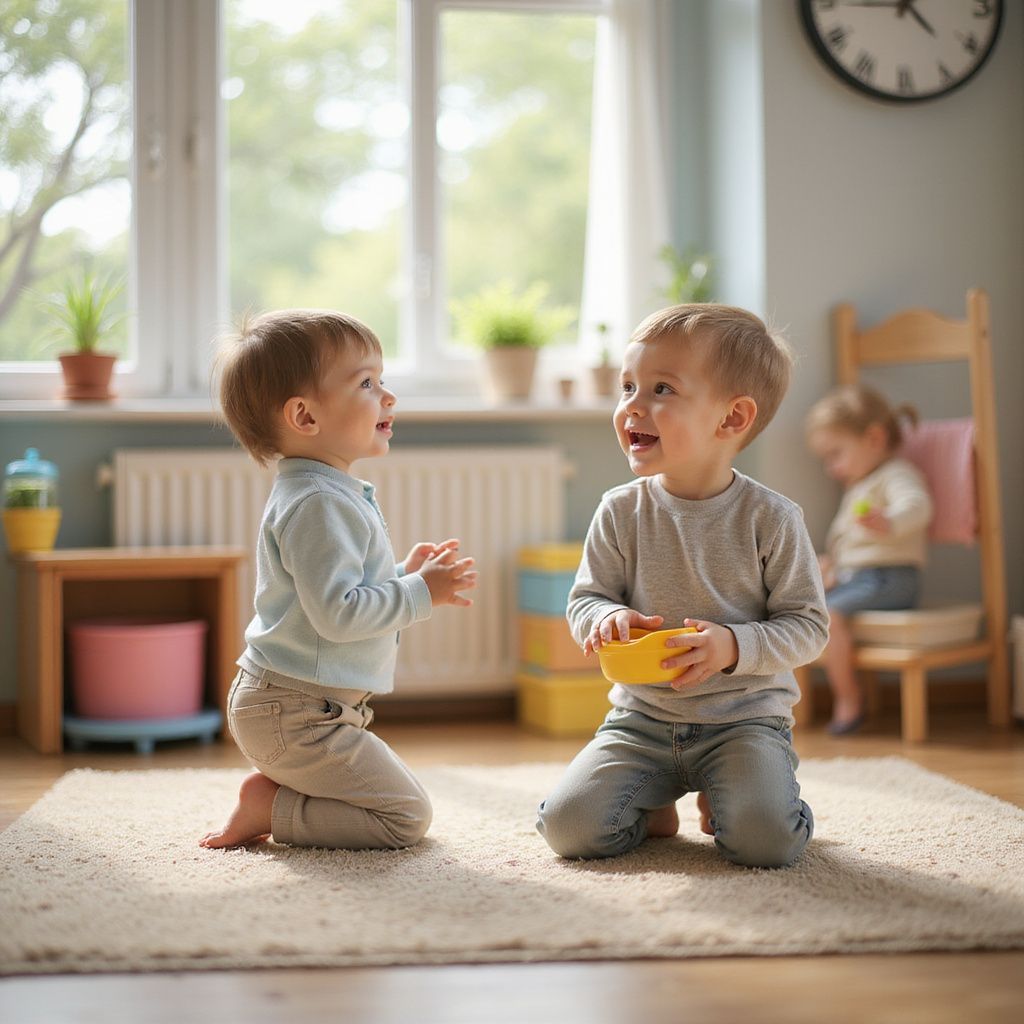 Two young children laughing and playing on a rug in a brightly lit room. A third child is seated in the background.