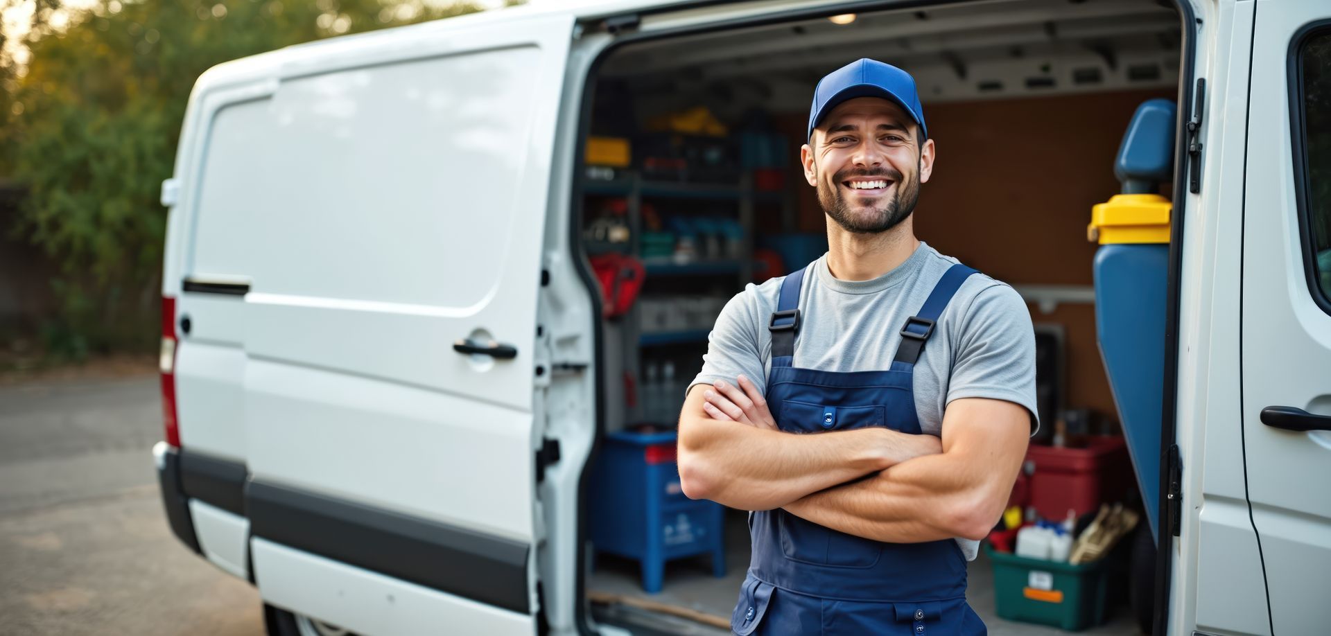 Tradesperson standing with arms crossed beside an open work van full of tools.