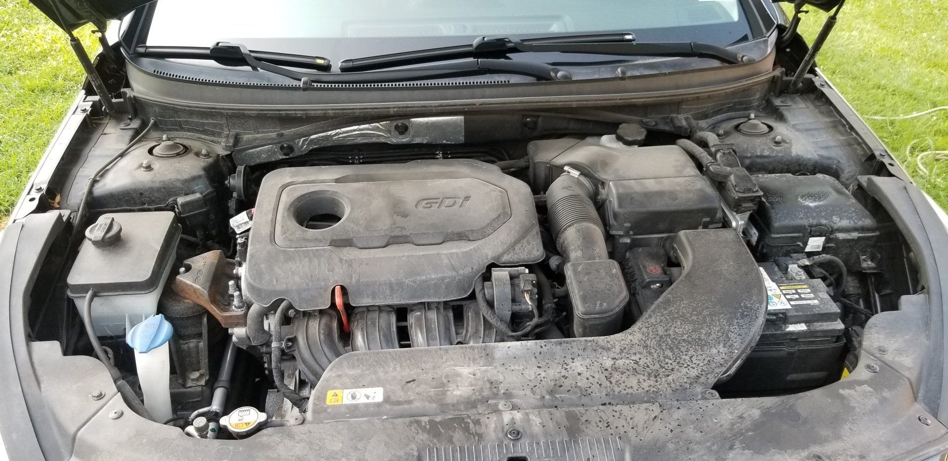 Car engine bay with dust and various components.