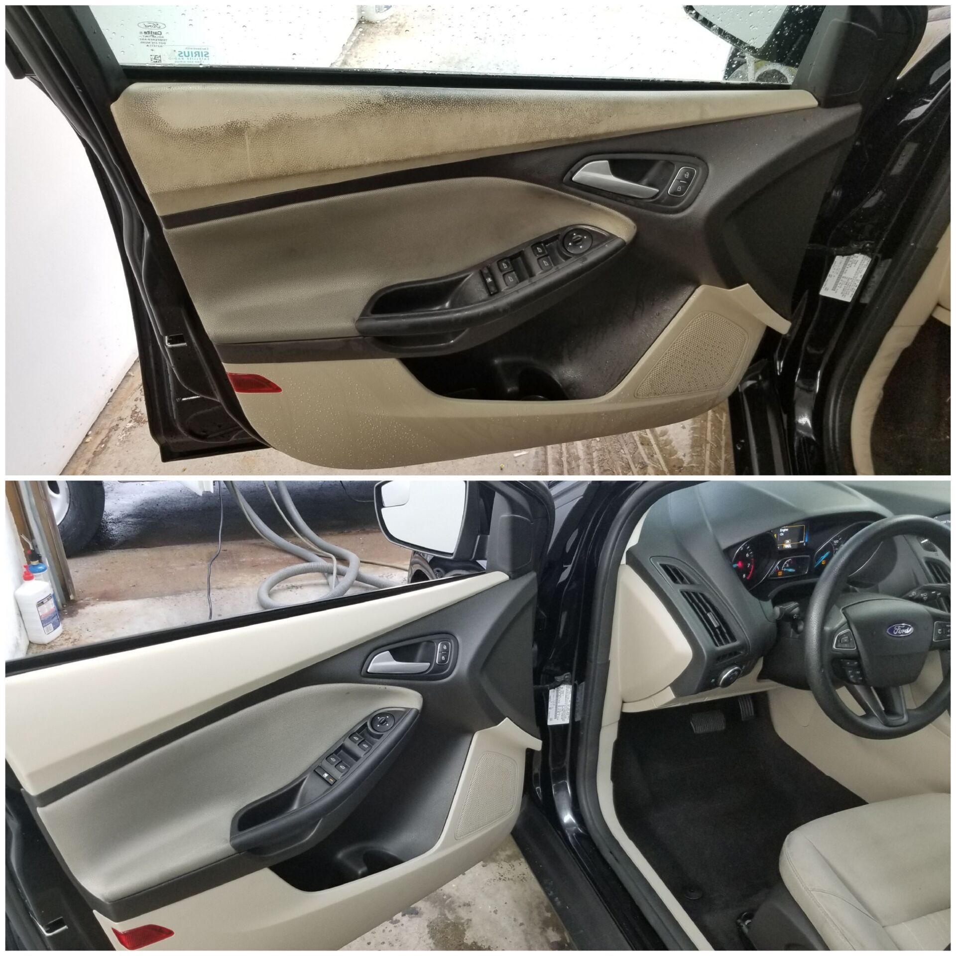 Before and after view of a car's interior door panel, showing the cleaning of the upholstery.
