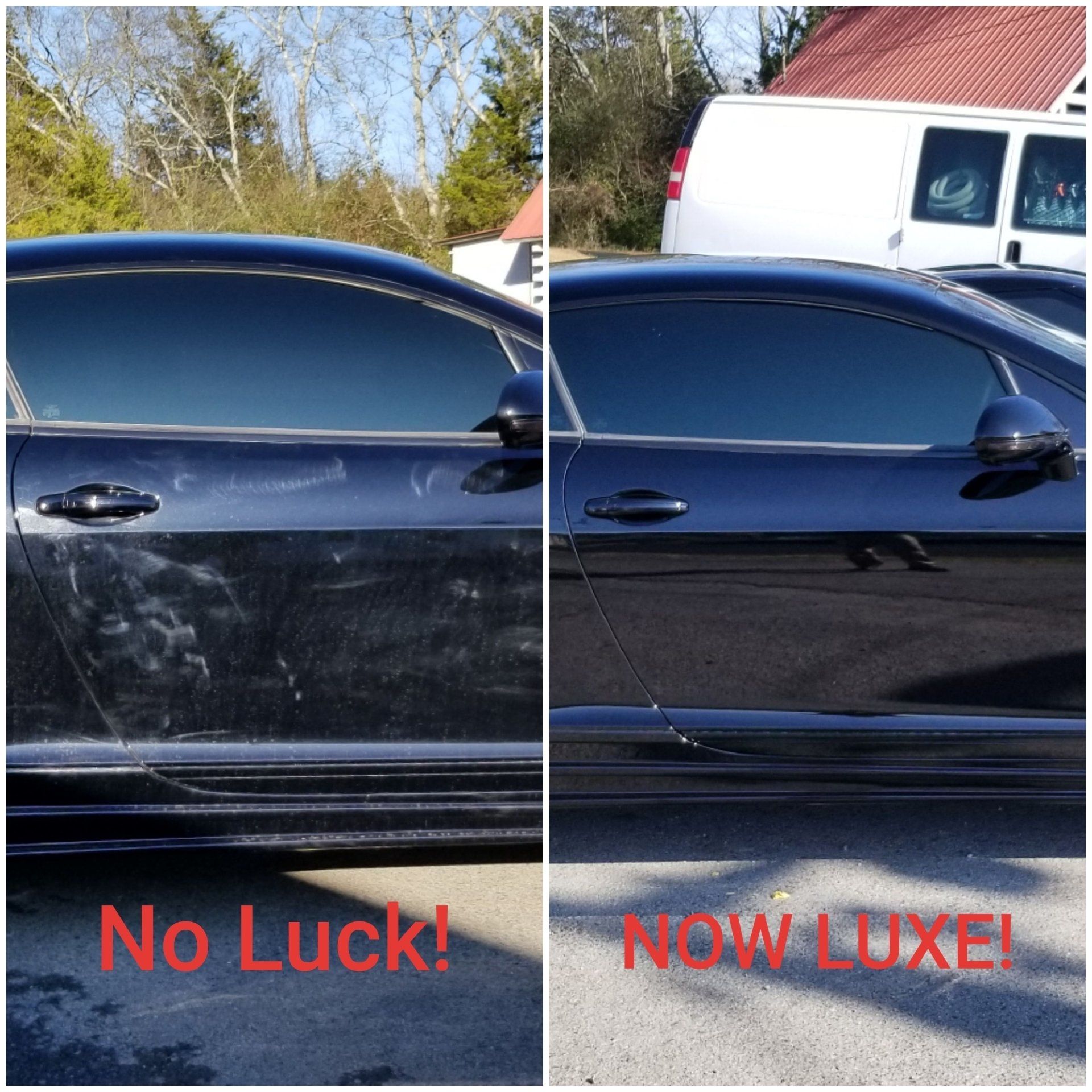 Side-by-side of a black car before and after detailing.