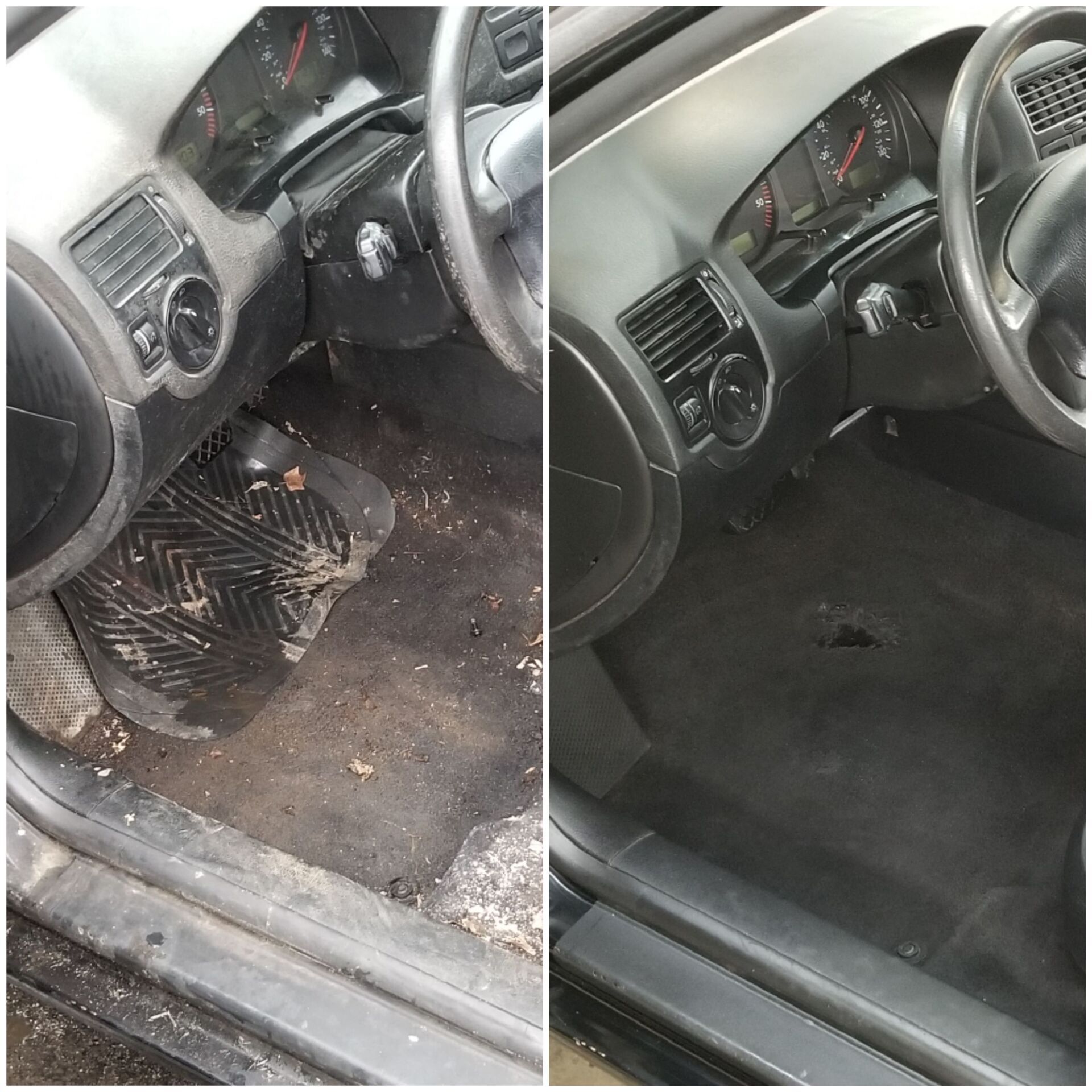 Before and after comparison of a car's interior cleaning. The dirty car transforms into a spotless interior.