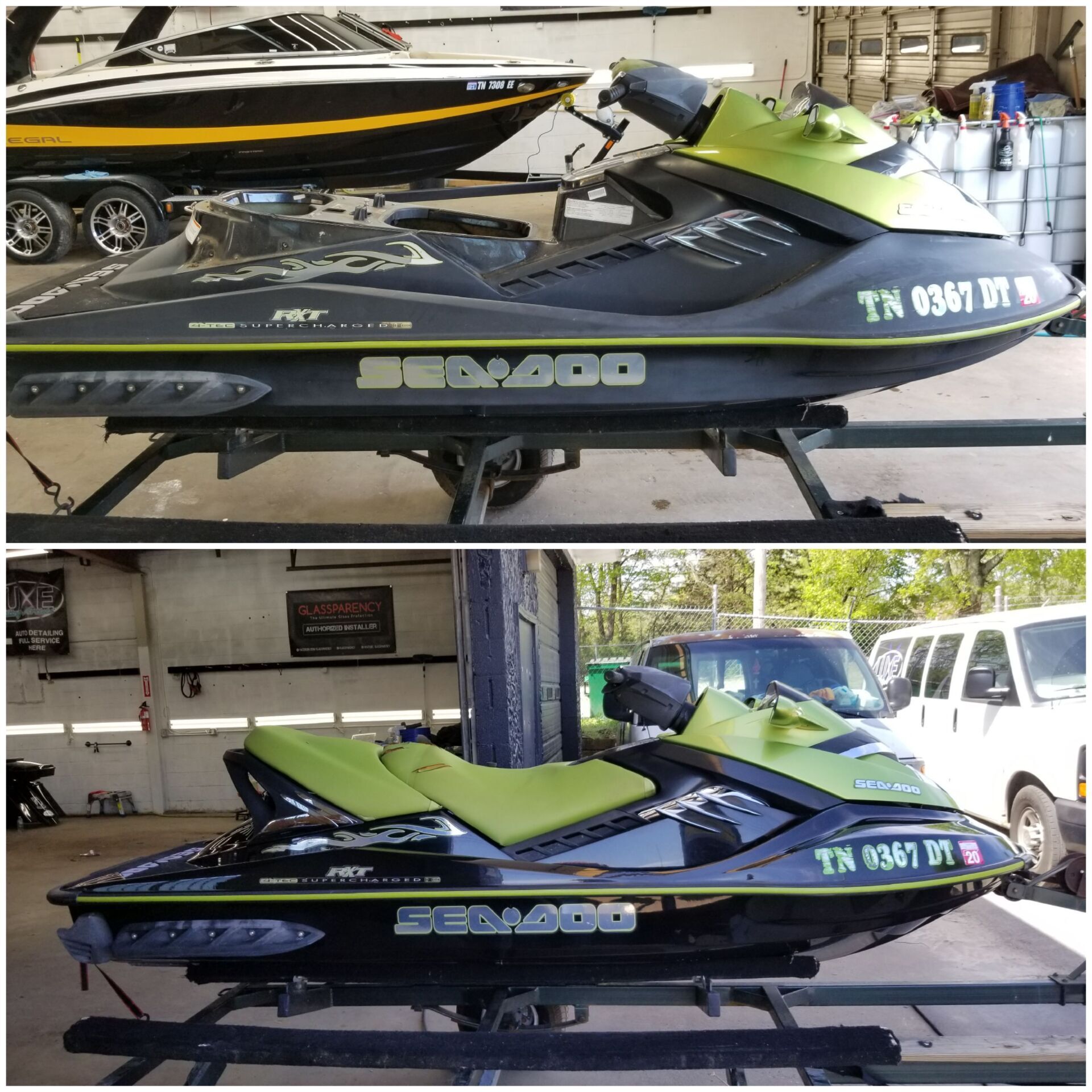 Two views of a black and green Sea-Doo, in a repair shop on a lift. The Sea-Doo has the words Sea-Doo written on the side.