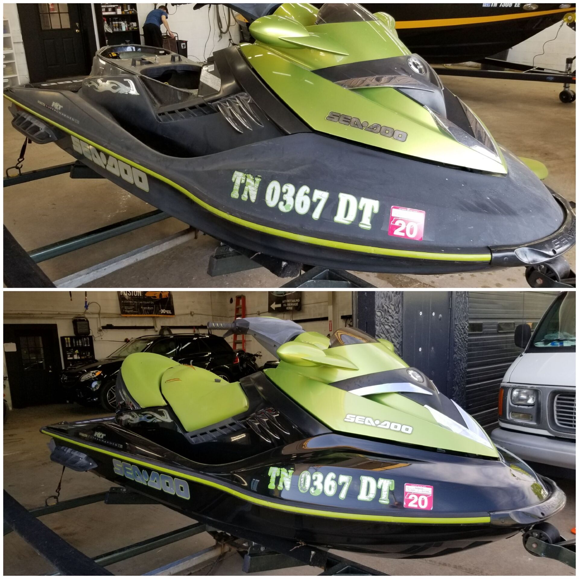Jet ski with lime green accents and Tennessee registration.