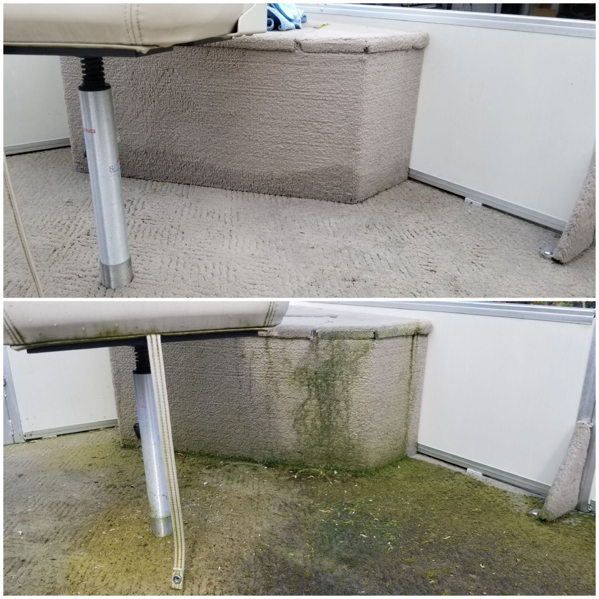 Before and after: a concrete structure cleaned, removing green algae growth.