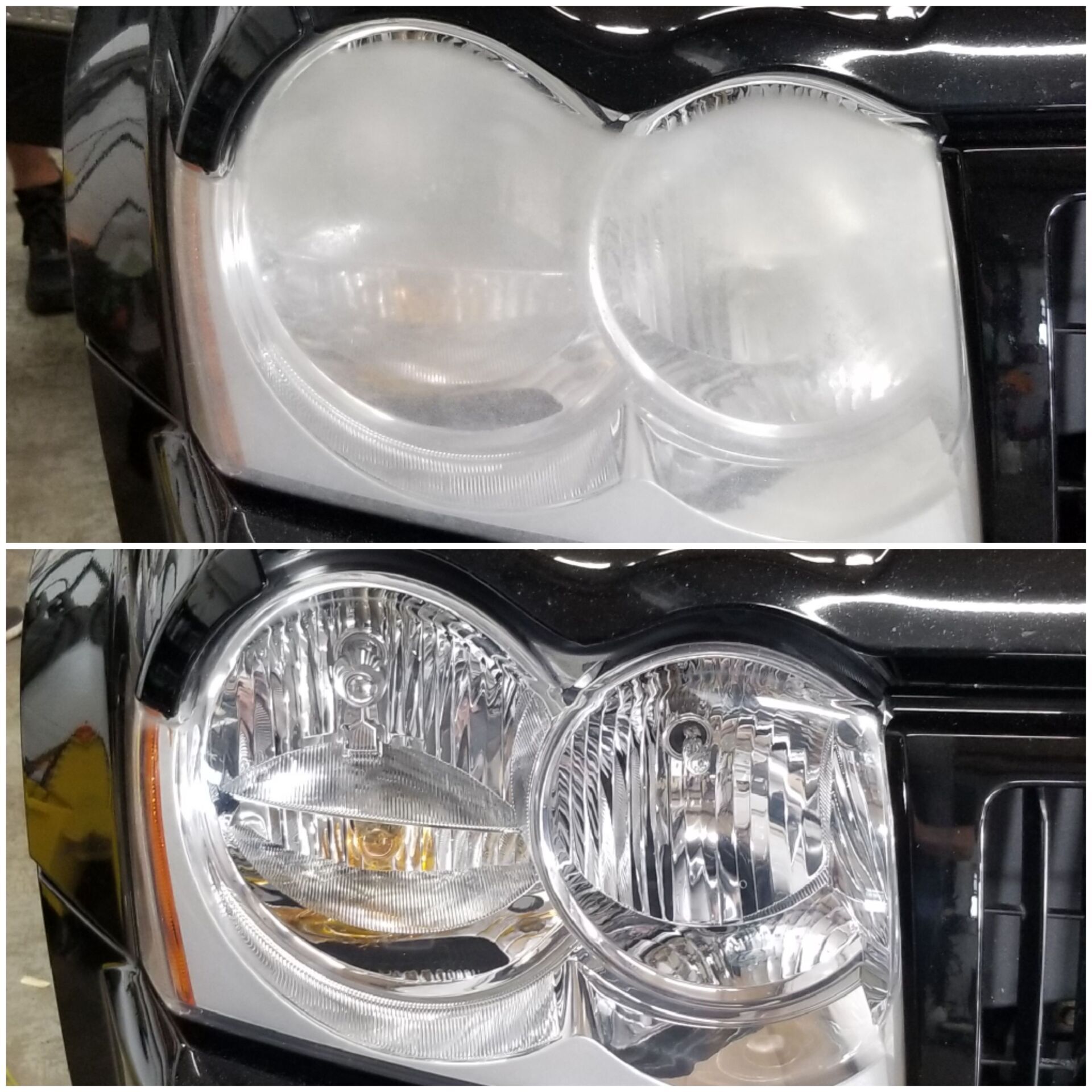 Before and after of a car headlight restoration, showing a clear, shiny light versus a hazy, dull light.