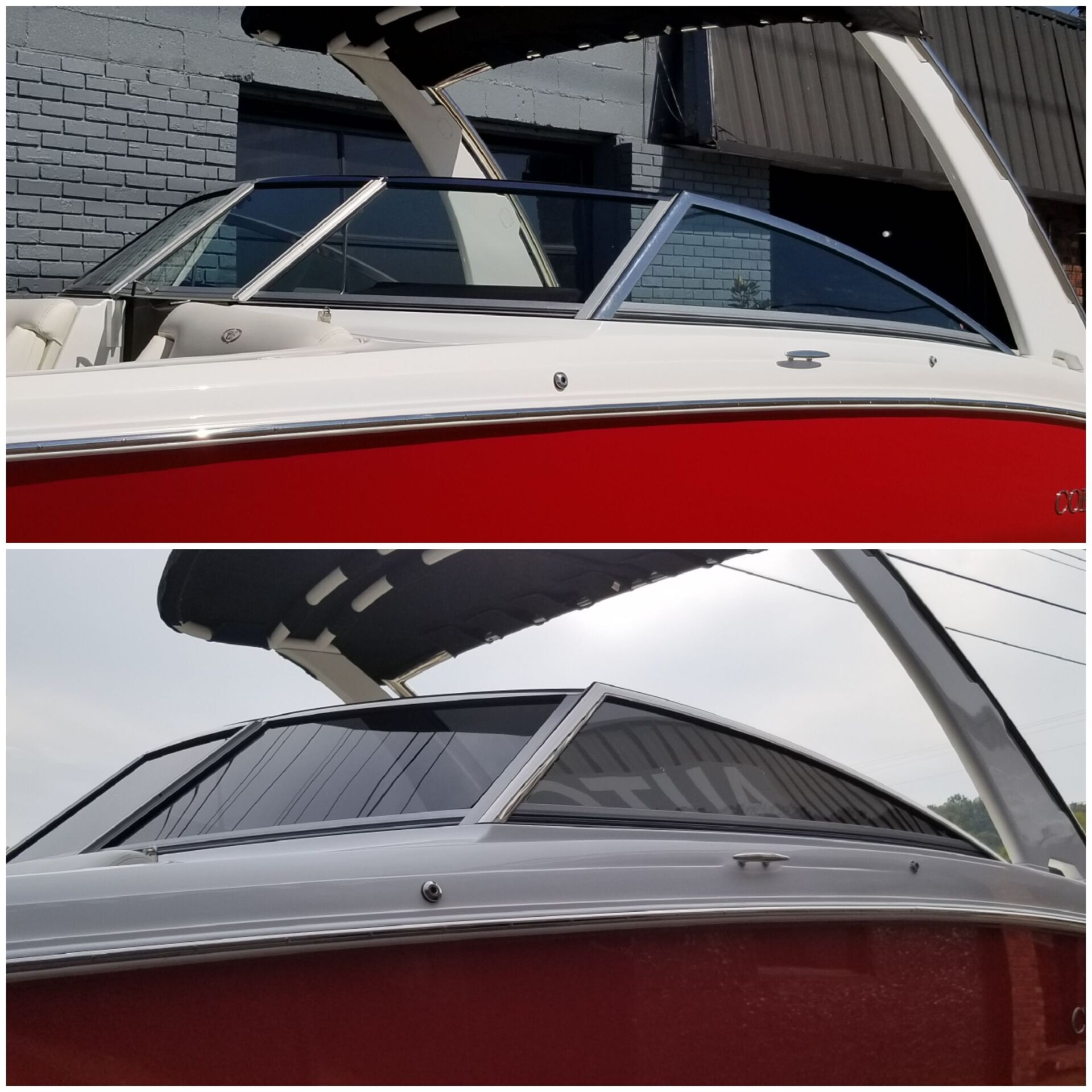 Two photos of a red and white boat with a windshield. Top image has a clear windshield, bottom image a tinted one.