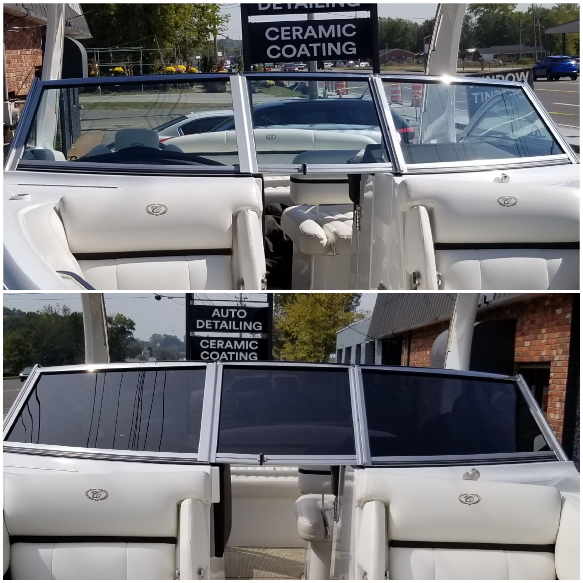 Boat windshield before and after tinting; black tint replaces clear glass.