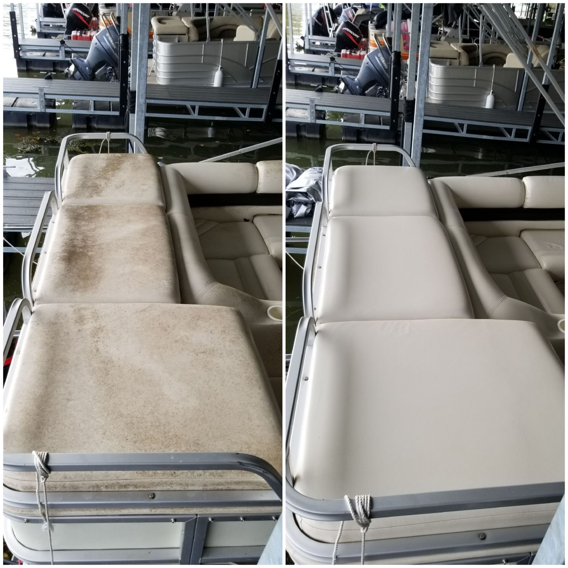 Before and after cleaning of a boat's tan cushioned seating. Shows dirt on left, clean on right. Boat is on a dock.