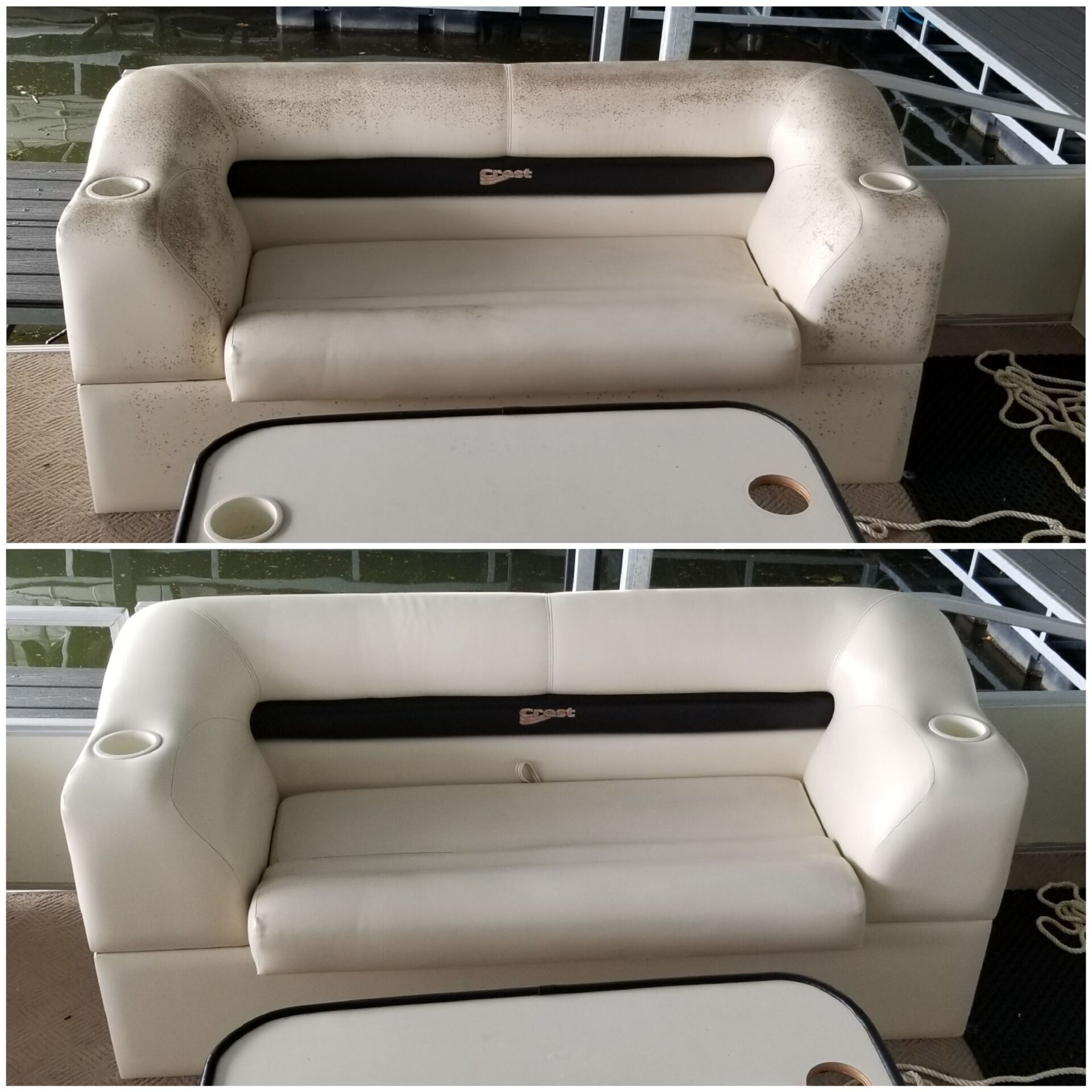 Before and after cleaning of a white pontoon boat bench seat and table, removing dirt and stains.