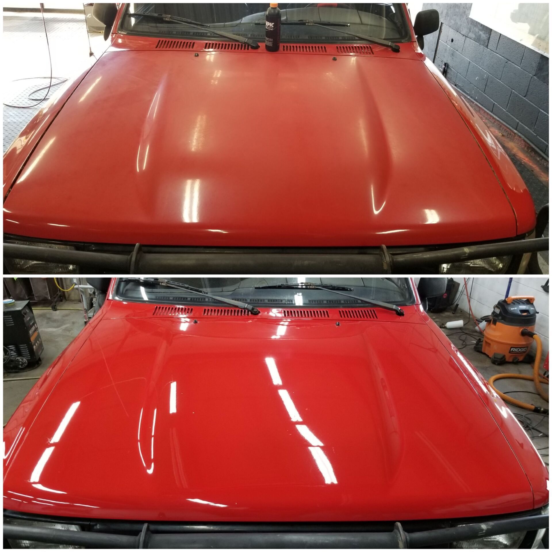Before and after of red car hood, showing restoration of the shiny paint.