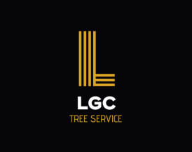 Logo for LGC Tree Service: gold and white vertical lines forming an "L" above "LGC TREE SERVICE" on a black background.