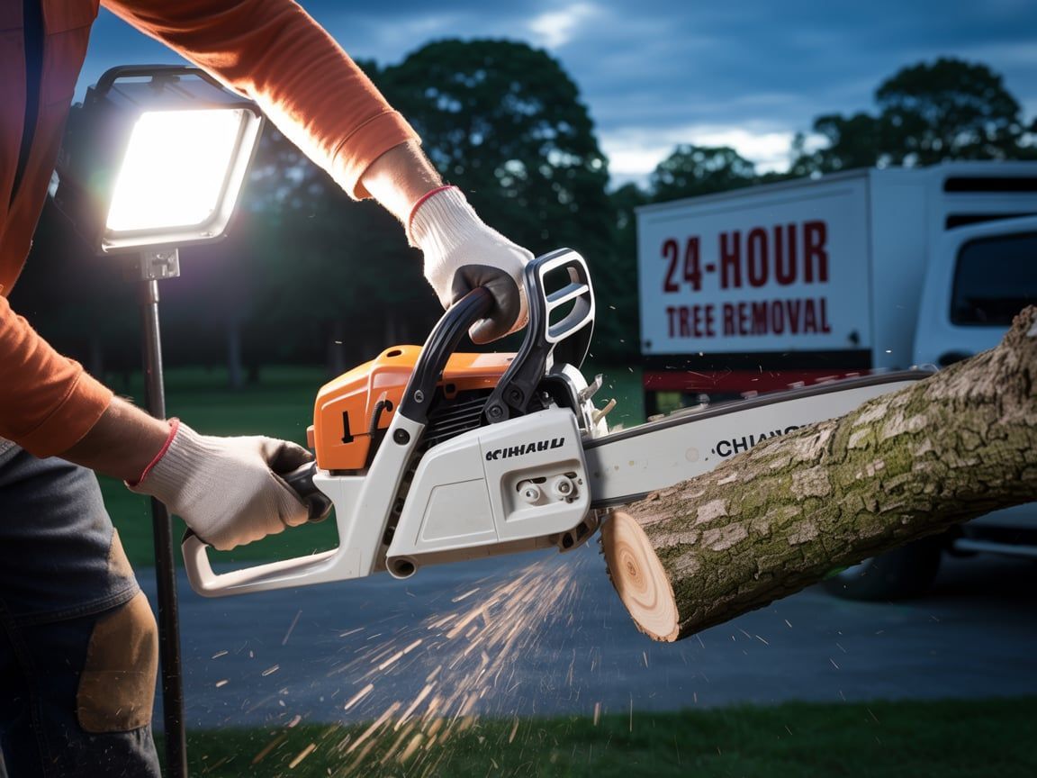 Person cutting a log with a chainsaw illuminated by a floodlight at night. A tree removal truck is in the background.