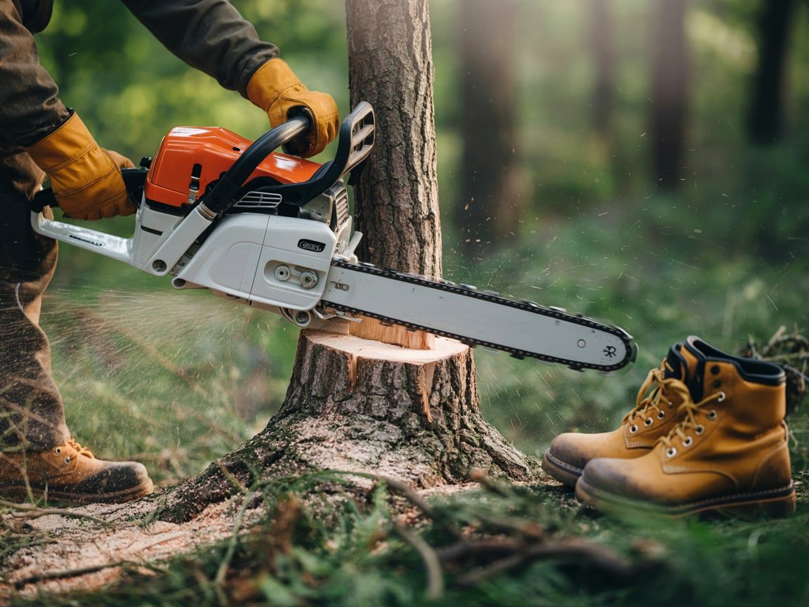 Person cutting tree with a chainsaw, wearing gloves and work boots, outdoors.