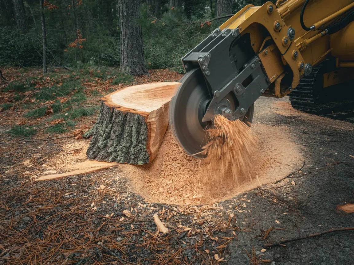 A yellow machine grinding down a tree stump, spraying sawdust.